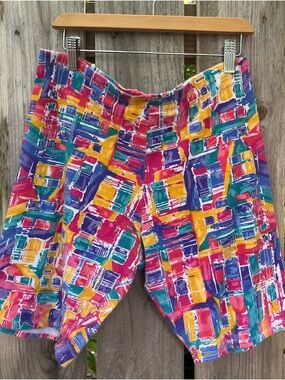 Vintage Hanes Her Way 90s Vibrant Abstract Cotton Workout Shorts | W 28